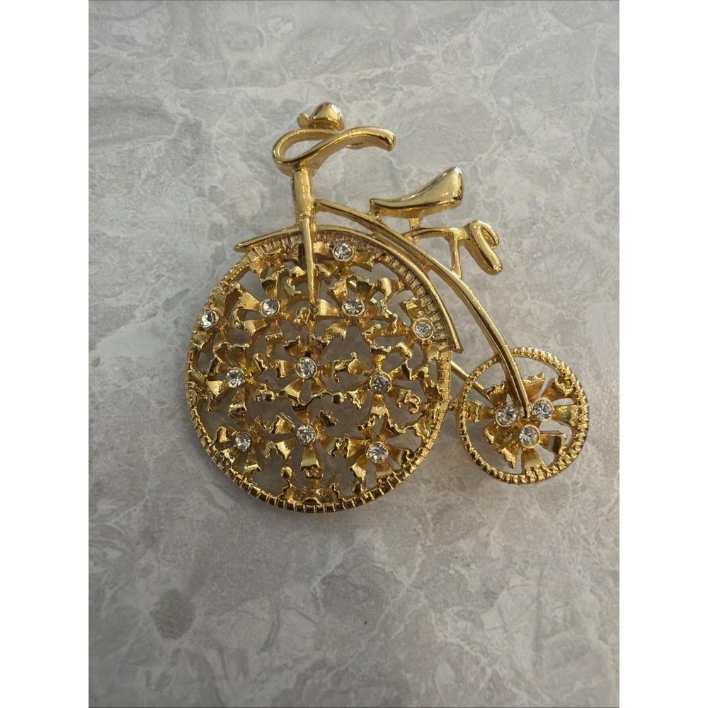 Rhinestone Gold Color Bicycle Brooch